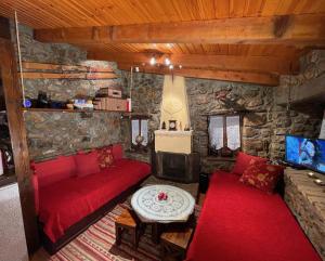 Agoriani Art Studio - Sweet little cottage في Lílaia: غرفة معيشة بها أرائك حمراء وجدار حجري