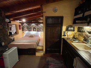 ein kleines Schlafzimmer mit einem Bett und einem Waschbecken in der Unterkunft Agoriani Art Studio - Sweet little cottage in Lílaia