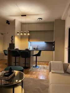 Il comprend un salon et une cuisine avec un canapé et une table. dans l'établissement Tadea Apartment Zagreb, à Zagreb