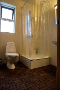 uma casa de banho com um WC e uma banheira com um chuveiro em Wonderful apartment with beautiful natural pearls. em Bifrost