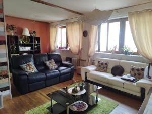 a living room with a couch and a table at Le Passage du Faubourg, agréable T3 en duplex de 120m2 in Saint-Léonard-de-Noblat