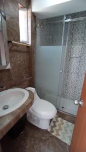 ein Bad mit einem WC, einem Waschbecken und einer Dusche in der Unterkunft Hotel Santa Maria in Ica
