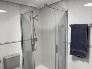 a glass shower in a bathroom with a blue towel at El sitio de mi recreo Ávila in Avila