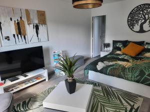 a living room with a bed and a tv at Gîte Le Petit Anzan en Indre et Loire in Noizay