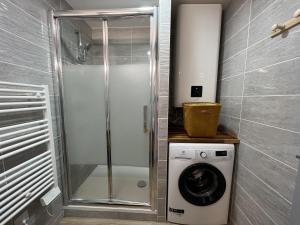 a bathroom with a shower and a washing machine at Nid douillet T2 rénové climatisé centre in Brive-la-Gaillarde