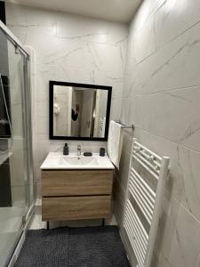 La salle de bains est pourvue d'un lavabo et d'un miroir. dans l'établissement Appartement à 15min de paris, à Drancy
