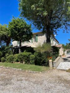 a house with a tree and a stone driveway at MAS D’OLIVE ET KALOU in Sauve
