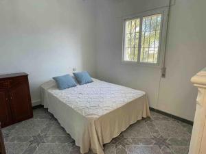 um quarto com uma cama com duas almofadas azuis em Chalet La Jara em Sanlúcar de Barrameda