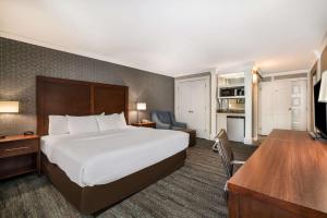 Habitación de hotel con cama grande y escritorio. en Comfort Inn & Suites Plattsburgh - Morrisonville, en Plattsburgh