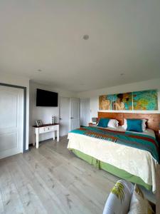 a bedroom with a large bed and a flat screen tv at Hare Mahatu in Hanga Roa