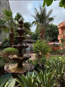 a fountain in the middle of a garden with palm trees at فندق ساسو سويت للوحدات المفروشه والفندقيه in Farasan
