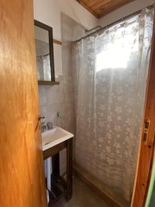 uma casa de banho com uma cortina de chuveiro e um lavatório em Casa estilo Americana Bruno - a 15 min del Aeropuerto em Barrio Esteban Echeverría