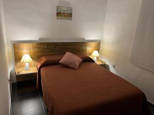 - une chambre avec un lit et deux lampes de chaque côté dans l'établissement Apart del Este 5, à Paysandú