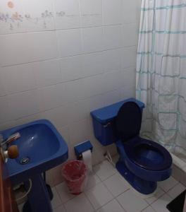 a bathroom with a blue toilet and a sink at Apartamento centralizado melgar in Melgar