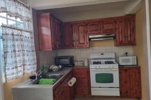 una cucina con armadi in legno e un piano cottura bianco con forno di Arliebev Apartments a Mahaut
