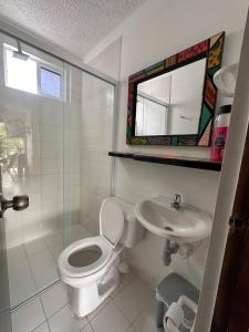 a bathroom with a toilet and a sink and a mirror at Apartasol Santafe de Antioquia 15 in Santa Fe de Antioquia