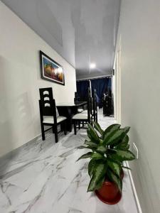 ein Wohnzimmer mit einem Tisch und einer Topfpflanze in der Unterkunft Comodo Apartamento Cartago Valle in Cartago