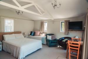 a bedroom with a bed and a tv and a chair at The Hen House in Kaipara Flats