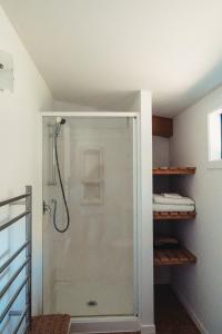 a shower with a glass door in a bathroom at The Hen House in Kaipara Flats