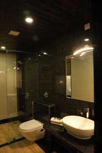 bagno con lavandino, servizi igienici e specchio di Clover Inn a Udaipur