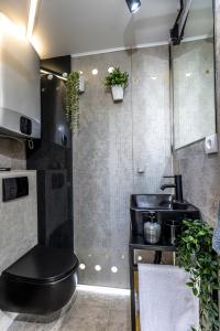 a bathroom with a black toilet and a sink at no. 1 in Kulpin