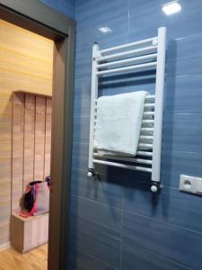 uma casa de banho azul com um toalheiro e um espelho em Marine's flat em Tbilisi