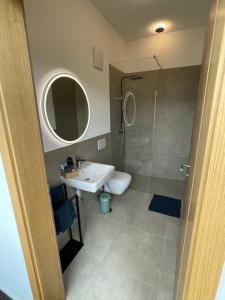 a bathroom with a sink and a shower at Laurin‘s in Schaanwald