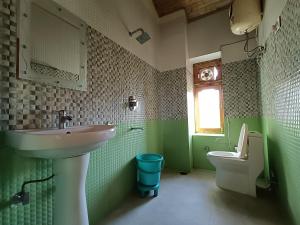 a green bathroom with a sink and a toilet at Shepherd Inn the Hill in Nagar