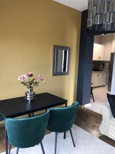 una sala da pranzo con tavolo nero e sedie verdi di Artemis Apartments a Diakopto
