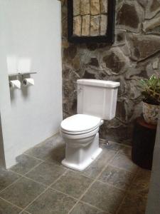 a white toilet in a bathroom with a stone wall at Valhalla Bed & Breakfast in Salatiga