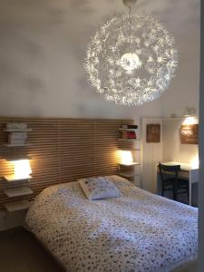 1 dormitorio con cama y lámpara de araña en Appartamento Bella Vista -Malpensa Airport-Leonardo Accademy, en Varallo Pombia