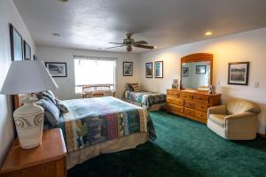 a bedroom with a bed and a chair and a dresser at Suite 1 Lynn View Lodge in Haines
