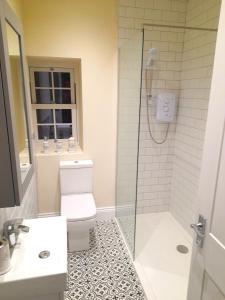 a bathroom with a shower and a toilet and a sink at Kirkcudbright Holiday Apartments - Apartment E in Kirkcudbright