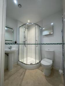 een badkamer met een douche, een toilet en een wastafel bij Nottingham City Centre Apartment in Nottingham