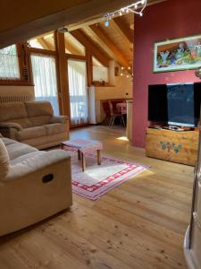 sala de estar con sofá y TV de pantalla plana en Alpino Charme Apartments, en Peio