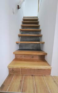 a stairway with wooden steps in a house at Mini duplex apartman in Dušanovac (historical)