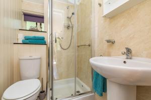 a bathroom with a toilet and a sink and a shower at Old Mill Lodge by Huluki Sussex Stays in Hurstpierpoint