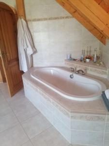 a bathroom with a bath tub in a room at Ferien auf dem Land in Horka