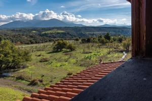 a view from the roof of a building with mountains in the background at Ξυλόσπιτο στη Στενή in Amfithéa