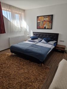 Schlafzimmer mit einem Bett mit blauer Bettwäsche und einem Teppich in der Unterkunft Ubytování Pod Borovou in Malenovice