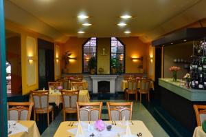 a restaurant with tables and chairs and a fireplace at Hotel Relax u Drsů in Tábor