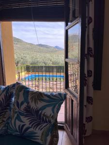 een open raam met uitzicht op een zwembad bij CORTIJO LOMA DEL BELLOTON in Cazorla