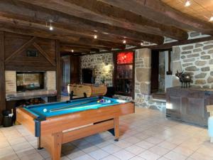a pool table in a room with a stone wall at Logis du lac à Madic in Madic