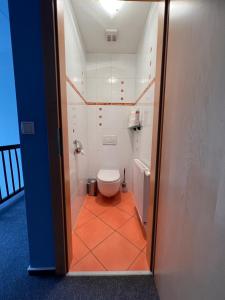 y baño con aseo y suelo de baldosa de color naranja. en Schönes Haus inmitten der schönen Natur, en Trofaiach