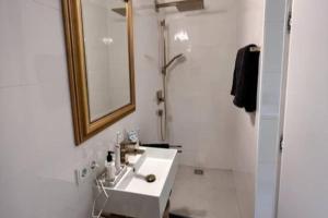 a bathroom with a sink and a mirror and a shower at Exclusive apartement in historic center in Linz