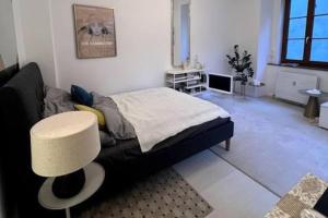 a bedroom with a bed and a table in it at Exclusive apartement in historic center in Linz