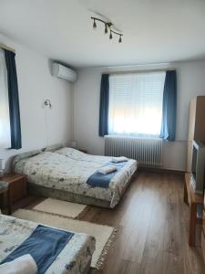 a bedroom with two beds and a window at Erika Apartman in Tihany