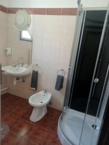 a bathroom with a toilet and a sink and a shower at Erika Apartman in Tihany