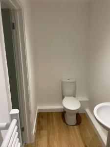 a bathroom with a toilet and a sink at Poplar holiday cottage in Moulton Chapel
