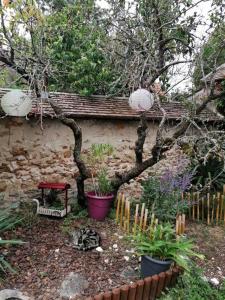 Maison à proximité de Barbizon / Fontainebleau / A6 في Saint-Sauveur-sur-École: حديقة بها نباتات الفخار ومقعد احمر